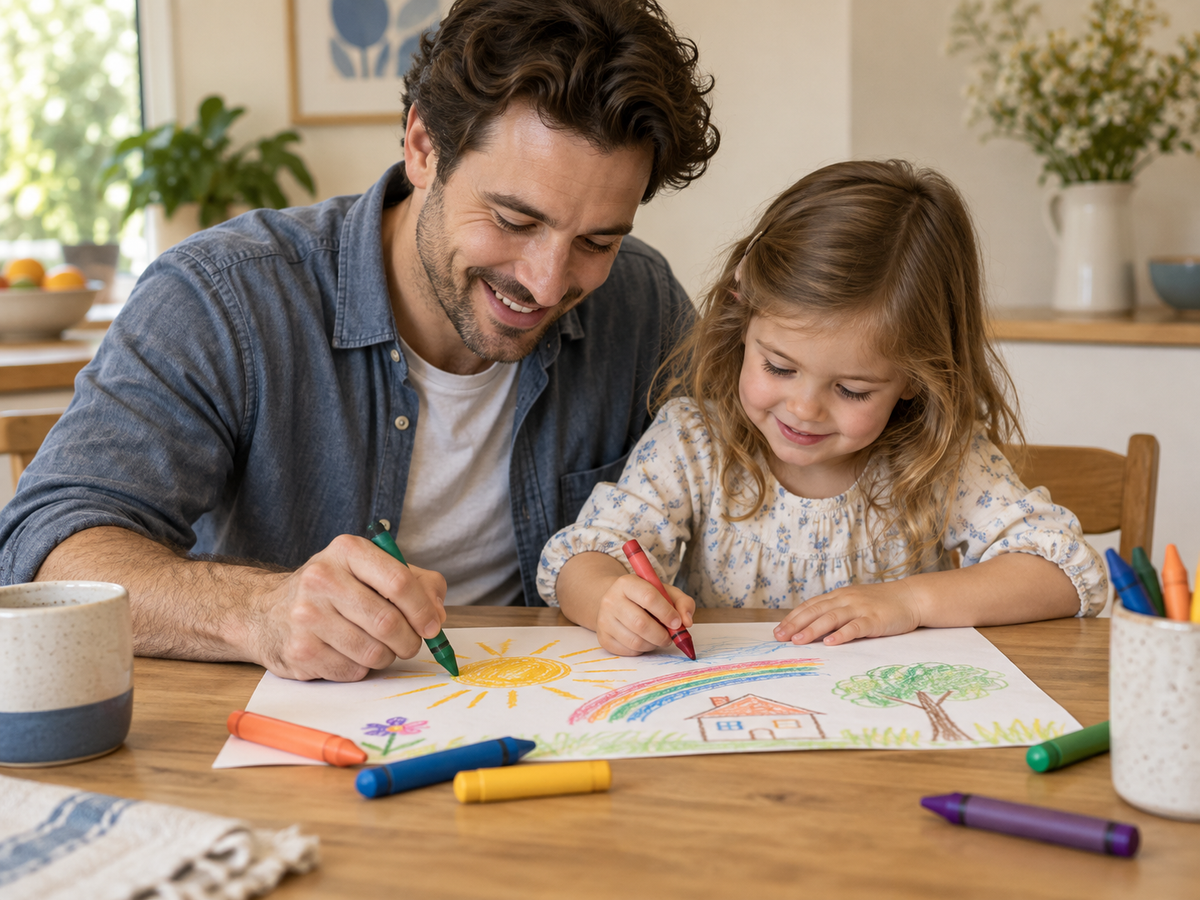 Illustrative parent and child drawing together at a table