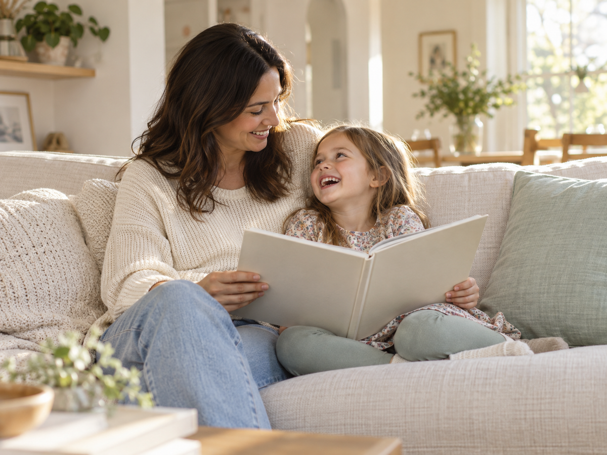 Illustrative parent and child sharing a picture book at home
